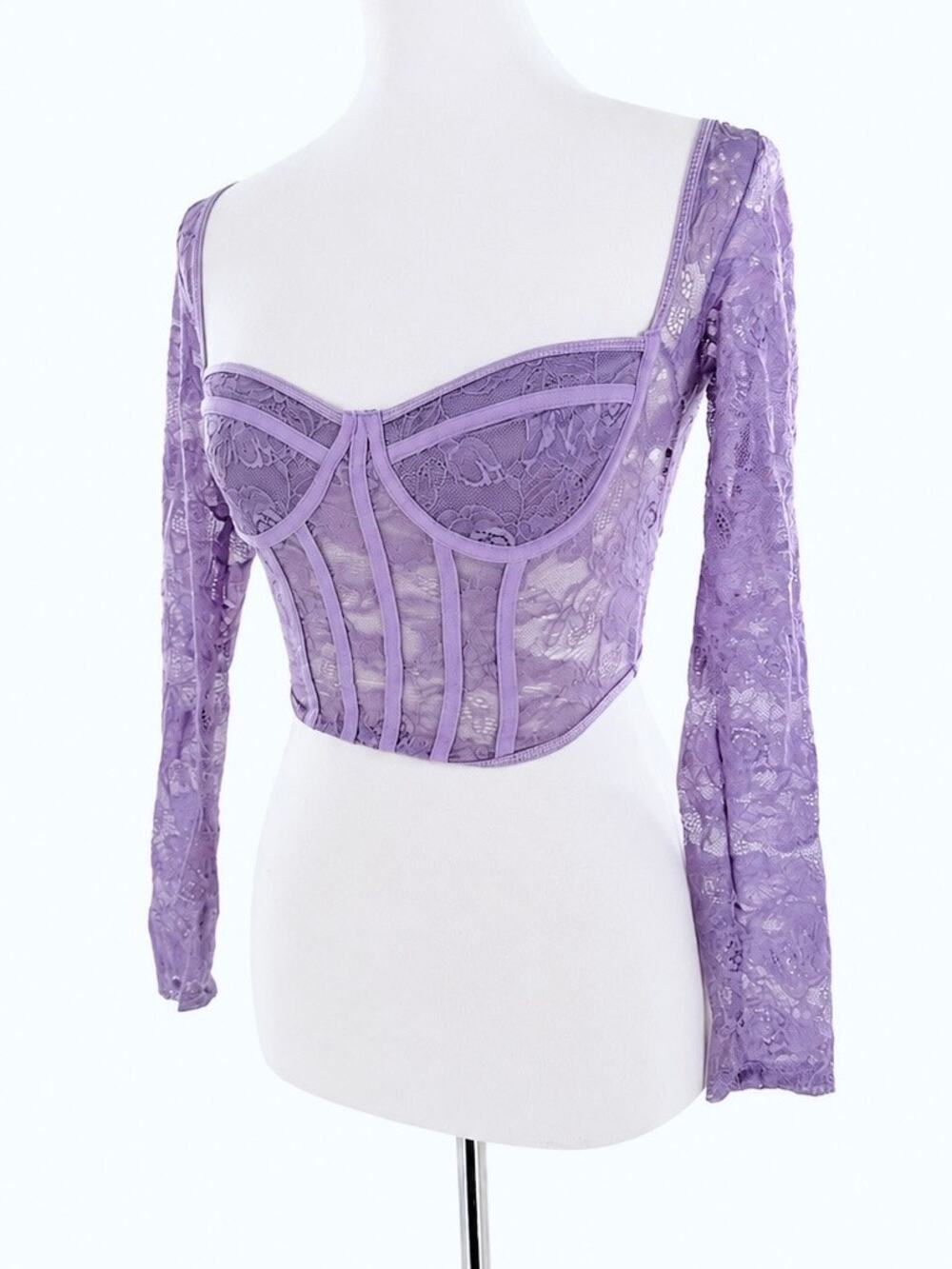 Women’s Lavender Purple Lace Bustier Corset Top Long Sleeve Floral Sheer XS